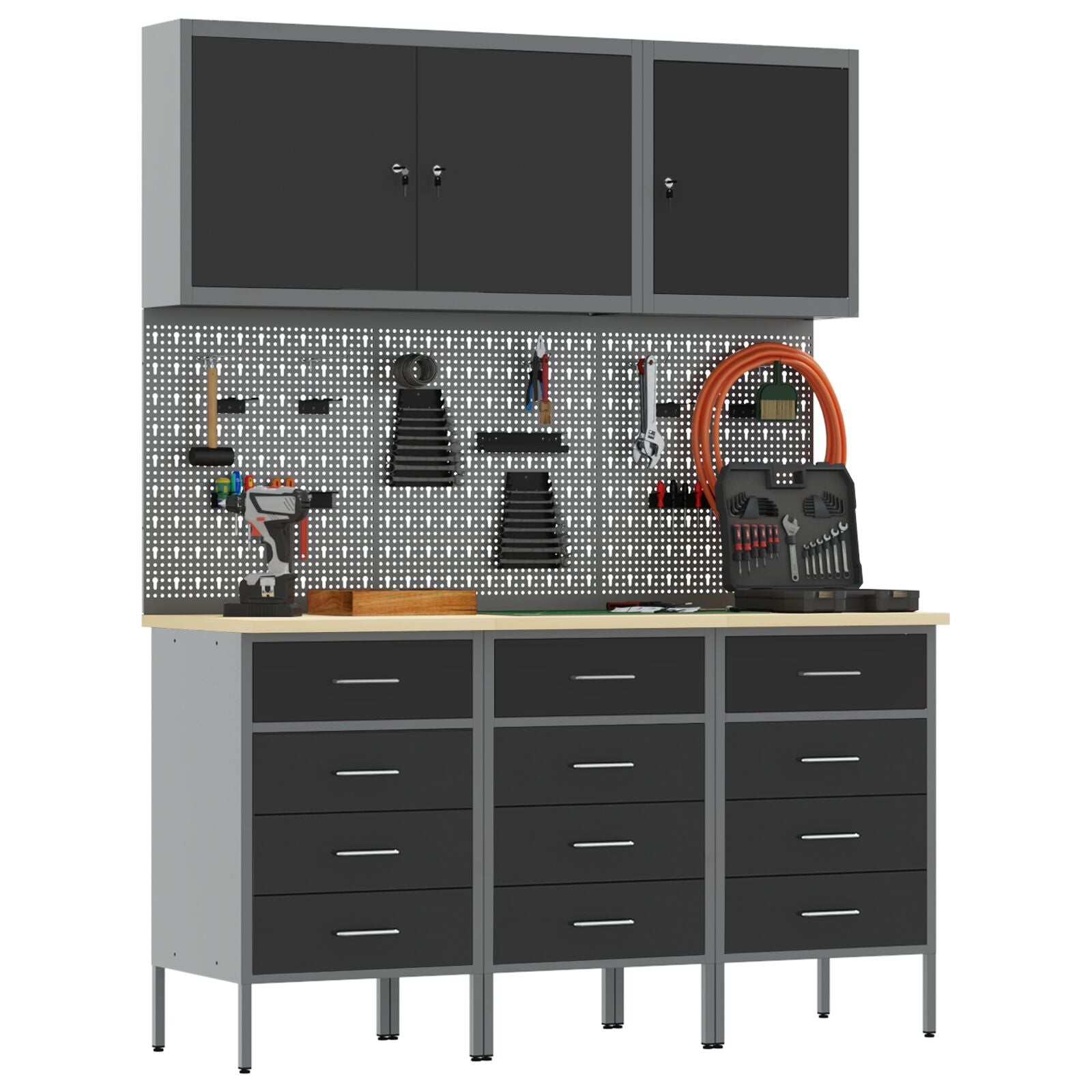 8-Delige Werktafel Set Staal 3x (85 cm) Zwart 3x kast + 3x pegboard + 2x gereedschap kast
