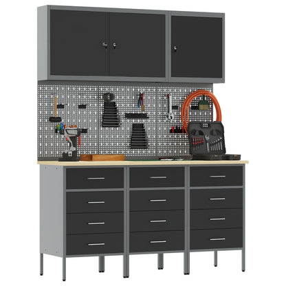 8-Delige Werktafel Set Staal 3x (85 cm) Zwart 3x kast + 3x pegboard + 2x gereedschap kast