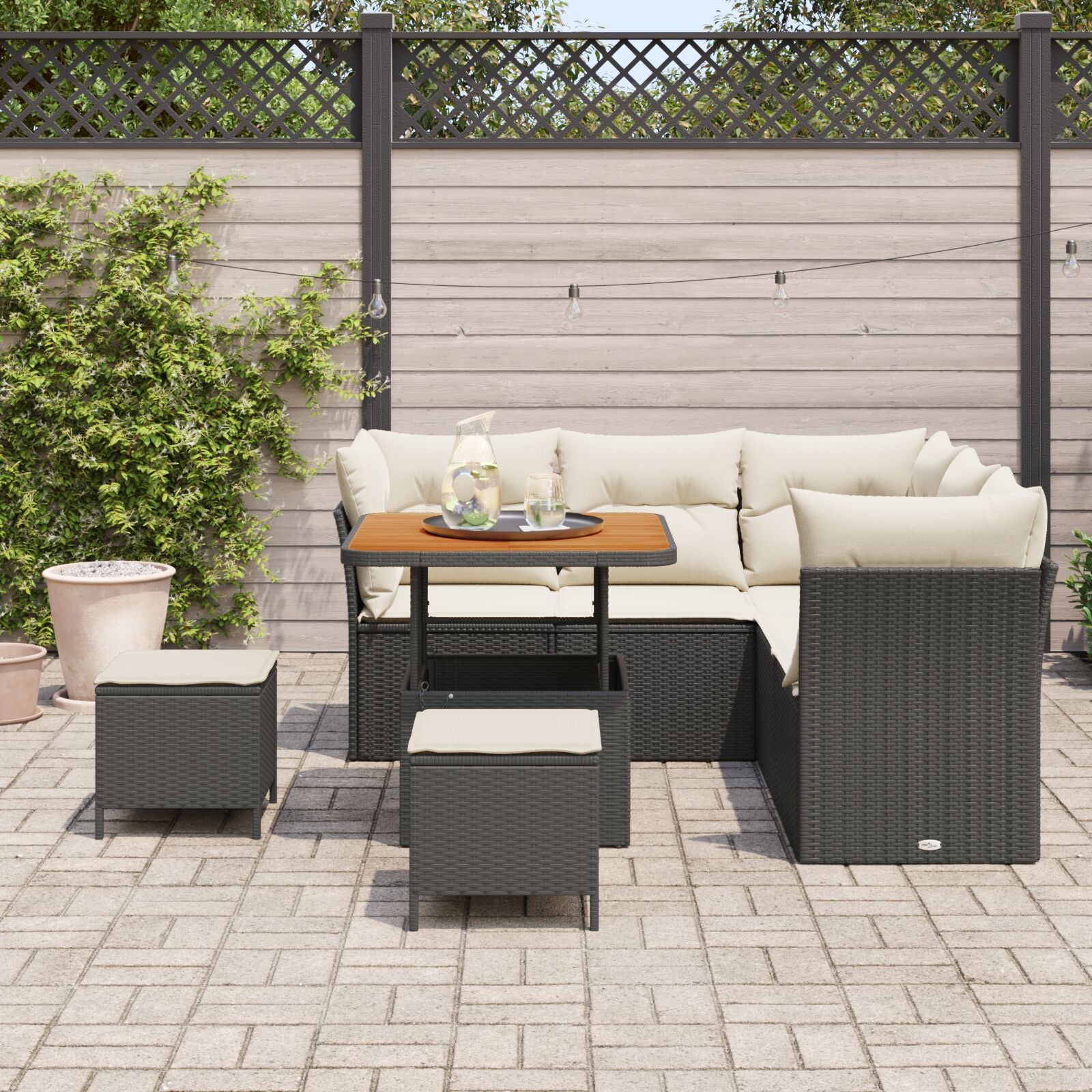 8 Stuks Tuin Sofa Set Met Kussens Zwart Poly Rattan Acacia, 3 Stuks Tuin Eettafel Set Met Kussens Zwart Poly Rattan Acacia Wit