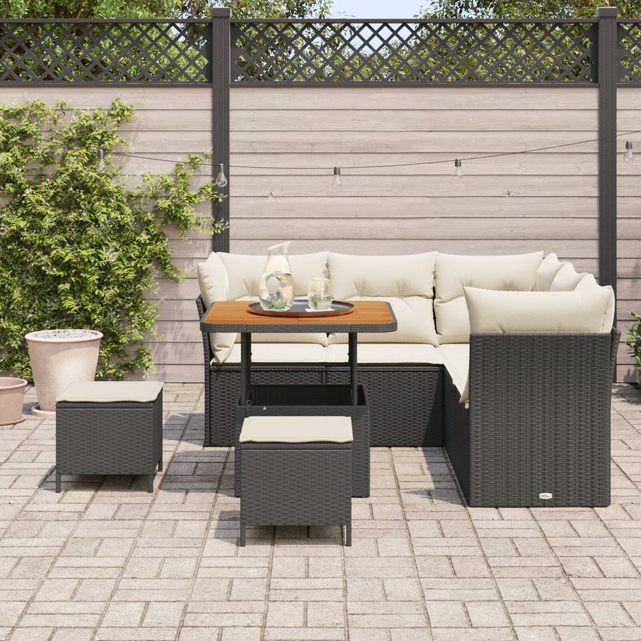 8 Stuks Tuin Sofa Set Met Kussens Zwart Poly Rattan Acacia, 3 Stuks Tuin Eettafel Set Met Kussens Zwart Poly Rattan Acacia Wit