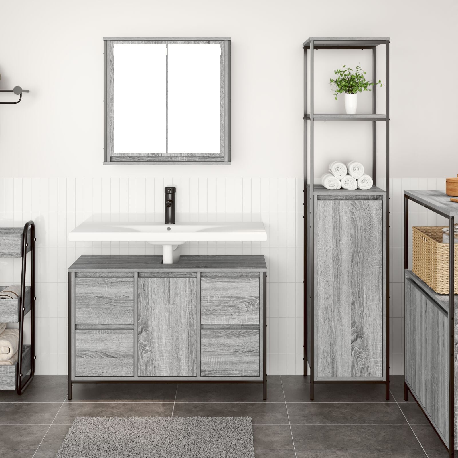 2-Delige Badkamermeubelset Engineered Wood Grijs sonoma Wastafelkast + badkamerkast