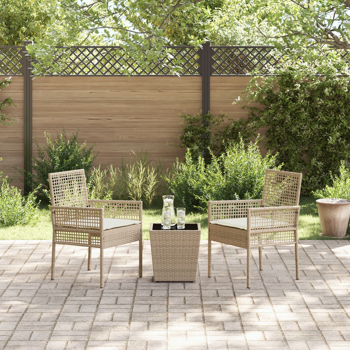 3-Delige Tuin Bistro Set Met Kussens Beige Poly Rattan