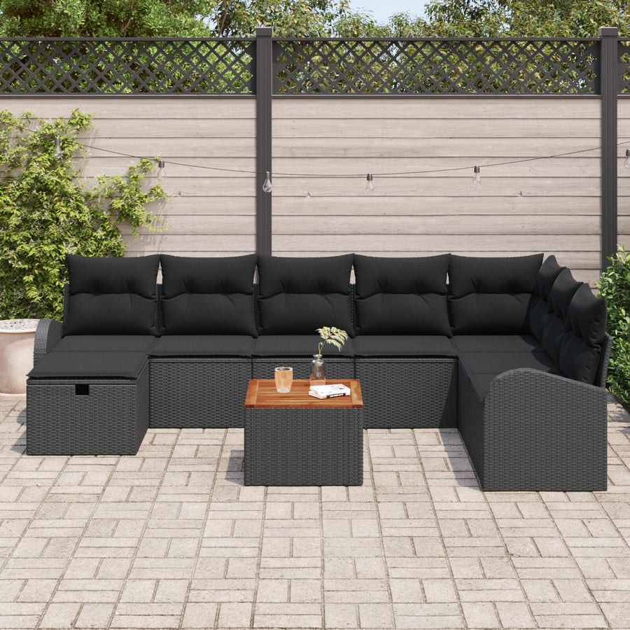 9-Delige Tuin Sofa Set Met Kussens Zwart Poly Rattan