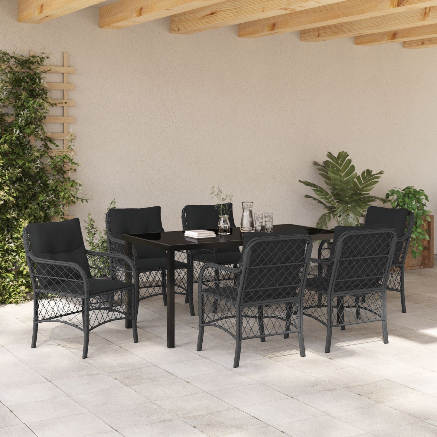 7 Delige Tuin Eet Set Met Kussens Zwart Poly Rattan