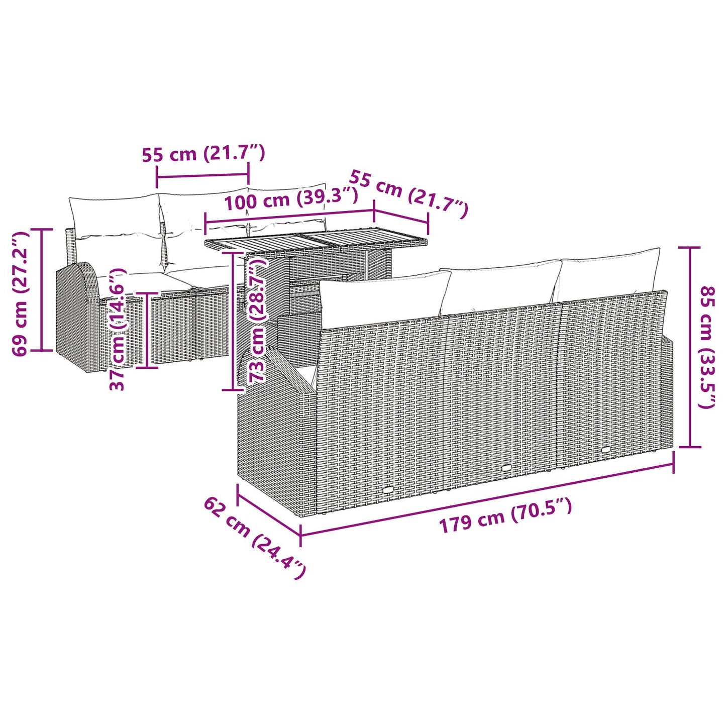 7-Delige Tuin Eetset Met Kussens Zwart Poly Rattan Acacia