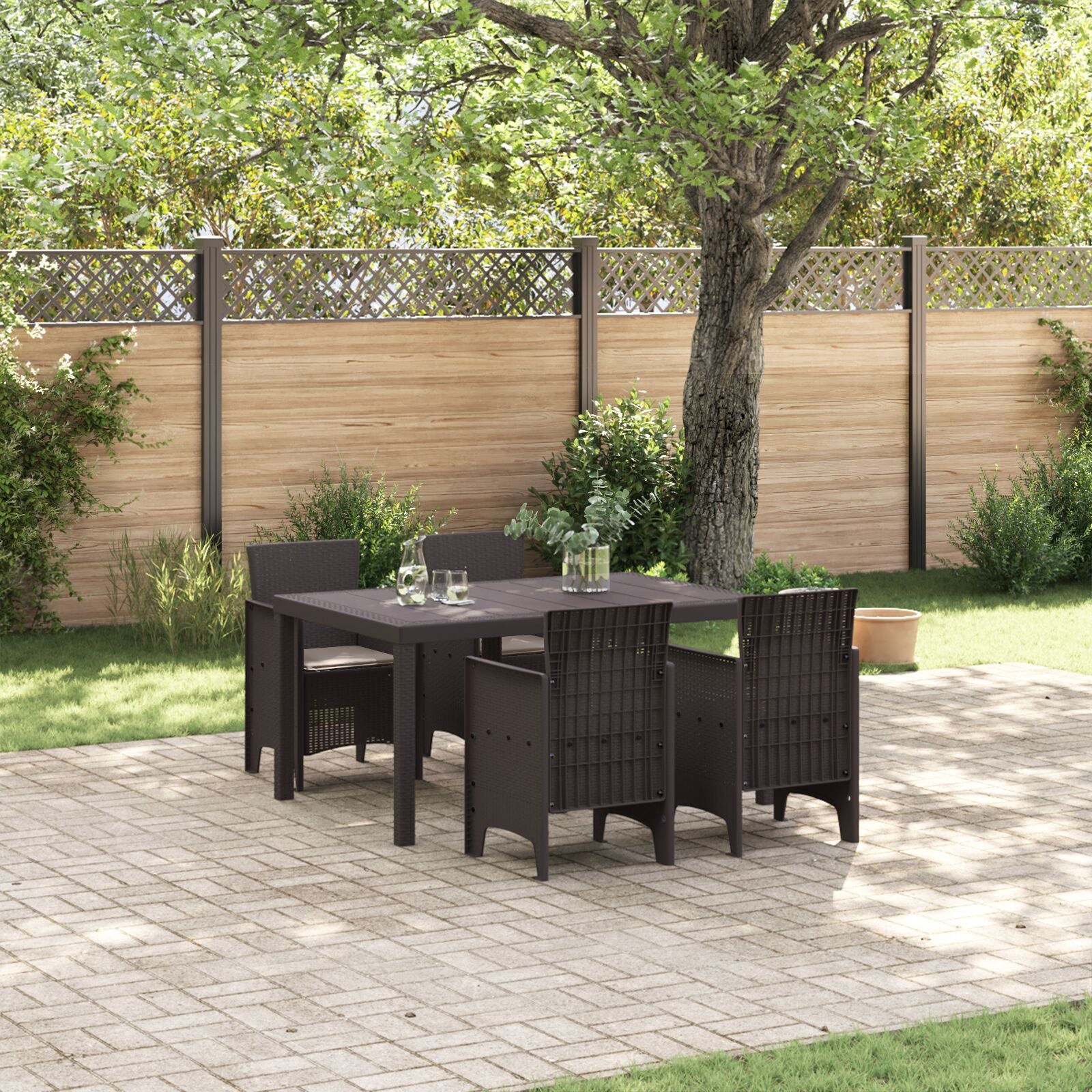5-Delige Tuin Eettafel Set Met Kussens Bruin Poly Rattan