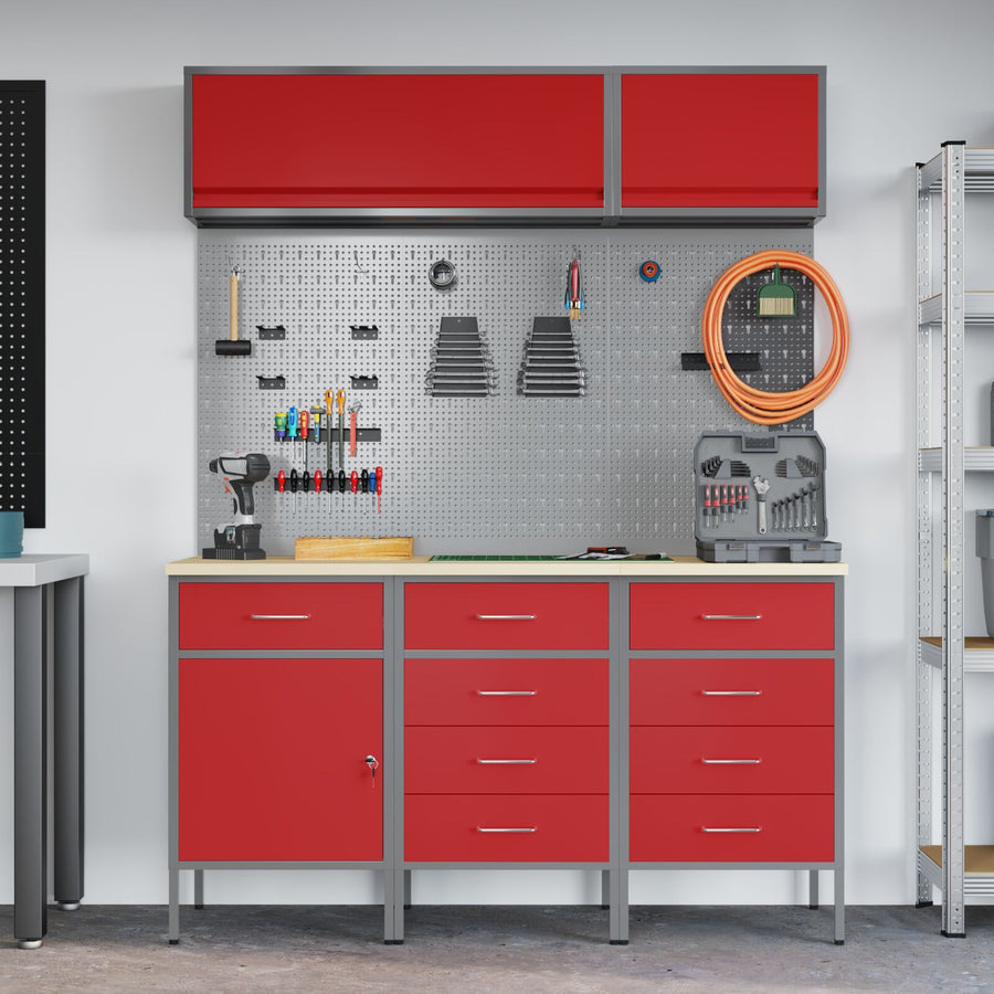 8-Delige Werkbank Set Staal 3x (84/85/85 cm) Rood 3x kast + 3x pegboard + 2x kast met deur