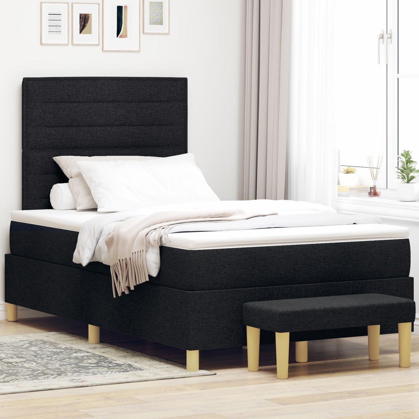 Boxspring Bed Met Matras & Bank Stof Zwart 120 x 200 cm Lijnen ontwerp