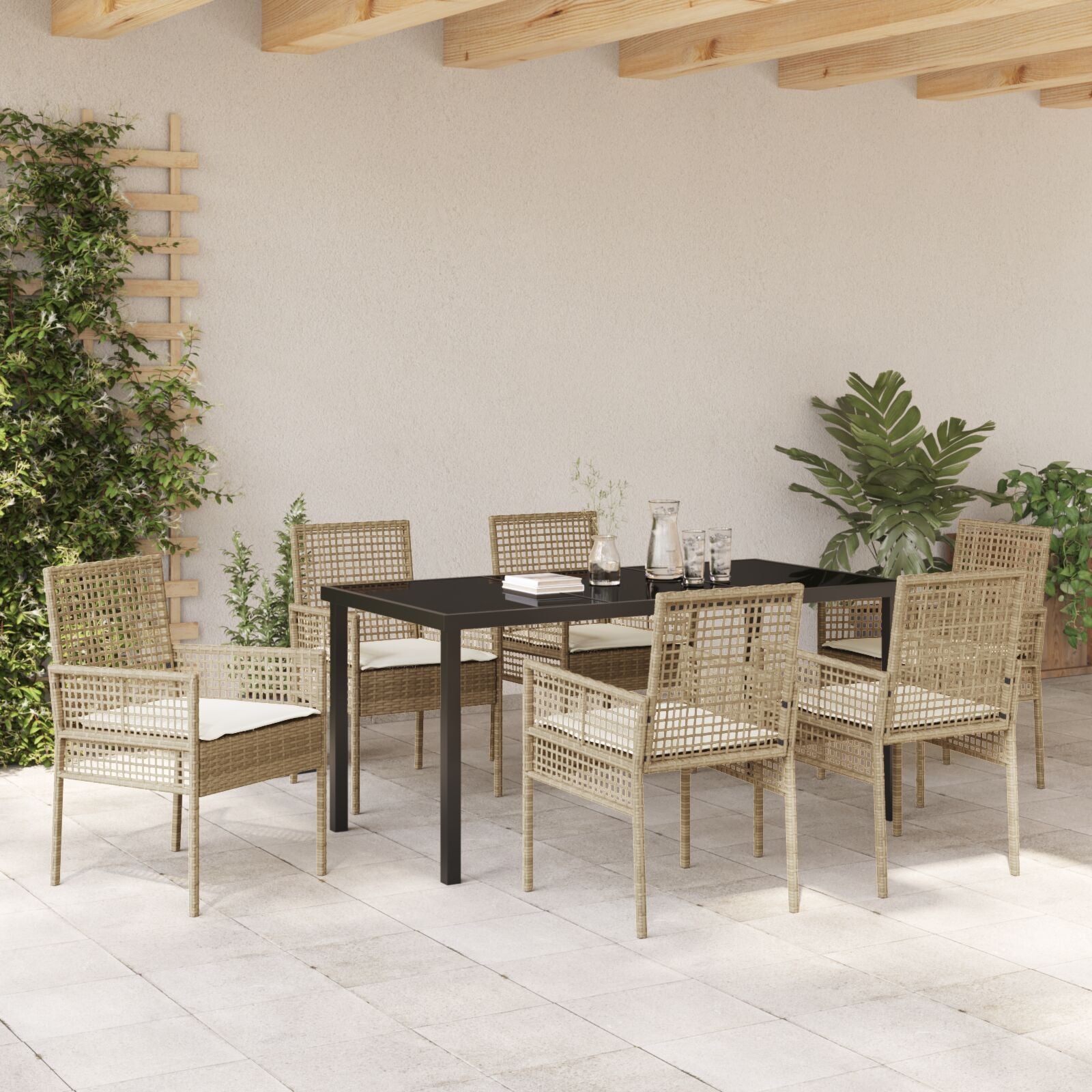 7 Delige Tuin Eetset Met Kussens Beige Poly Rattan