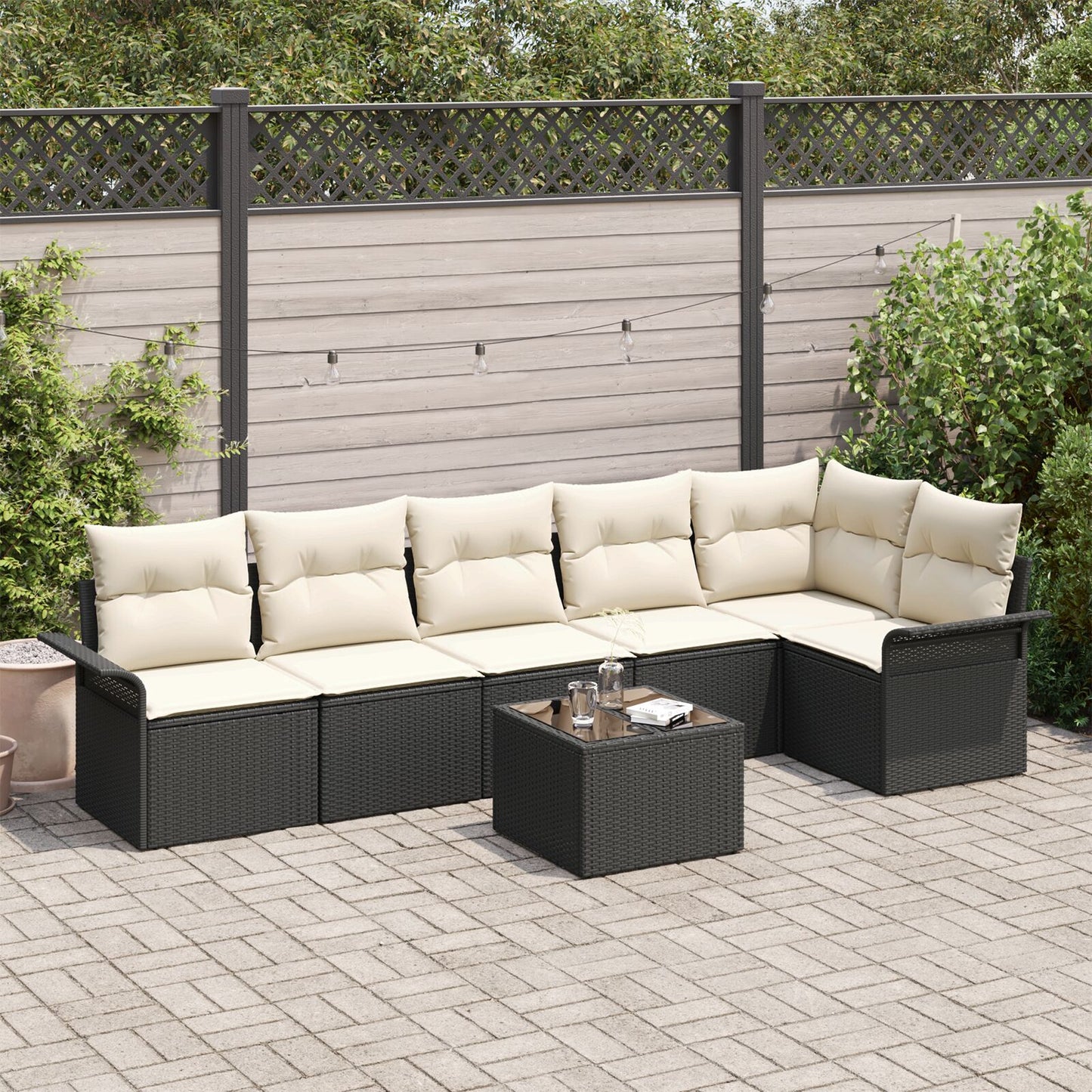 6-Delige Tuinsofa Set Met Kussens Bruin Poly Rattan Zwart en crème met tafel