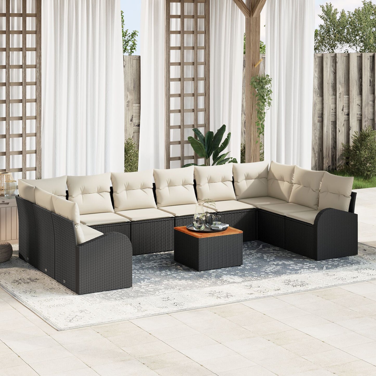 11-Delige Tuin Sofa Set Met Kussens Zwart Poly Rattan Acacia