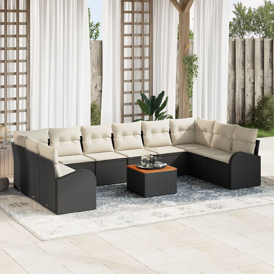 11-Delige Tuin Sofa Set Met Kussens Zwart Poly Rattan Acacia