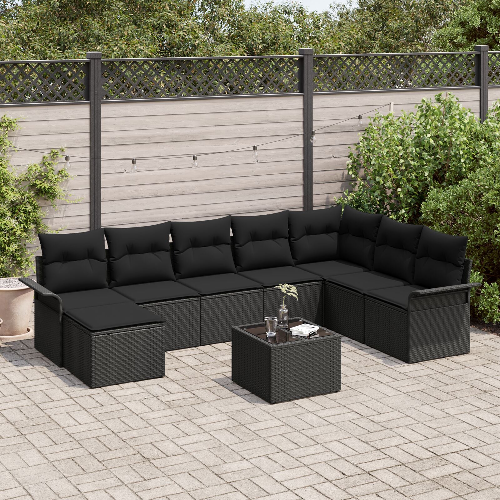 9-Delige Tuin Sofa Set Met Kussens Zwart Poly Rattan