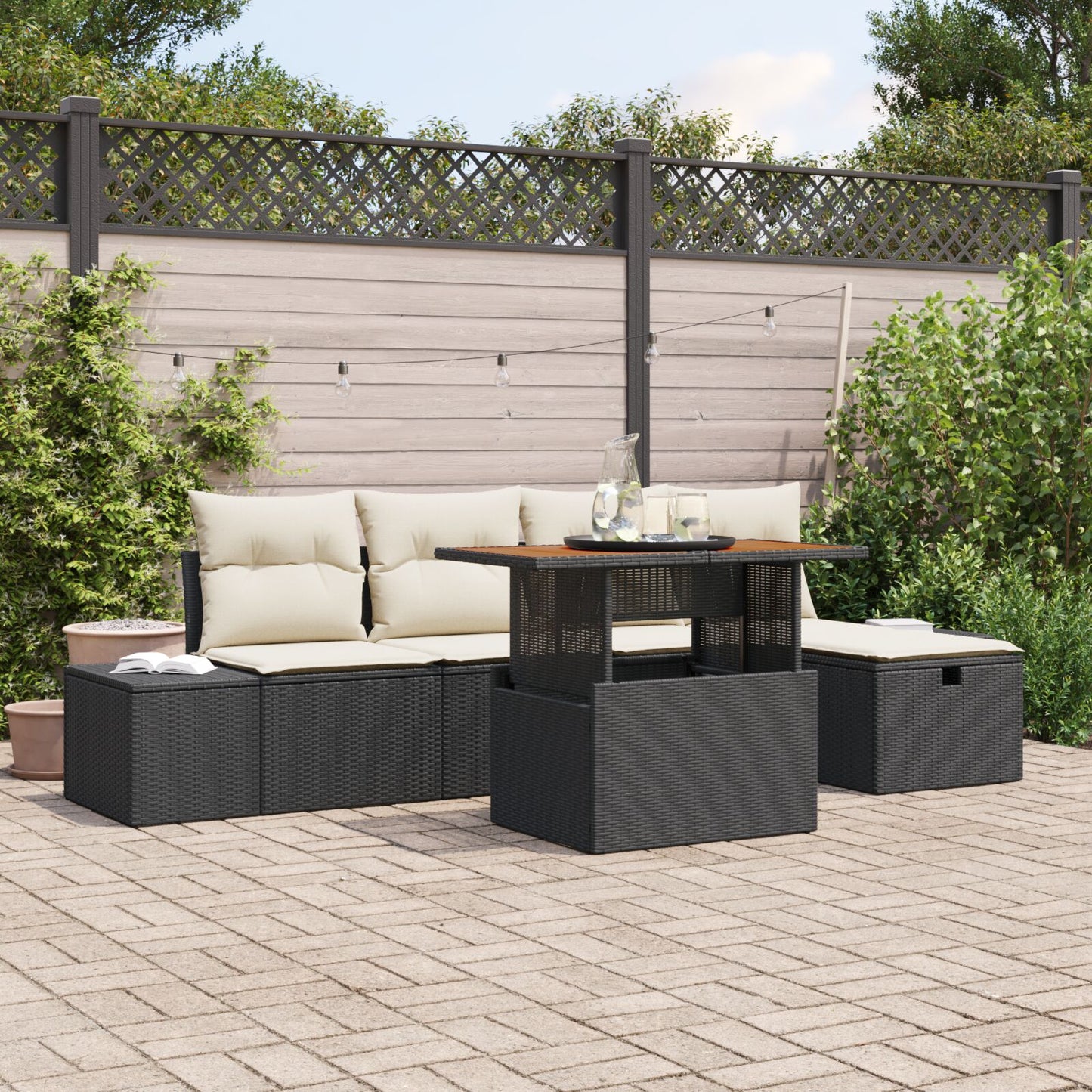 6-Delige Tuinbankset Met Kussens Zwart Poly Rattan Wit