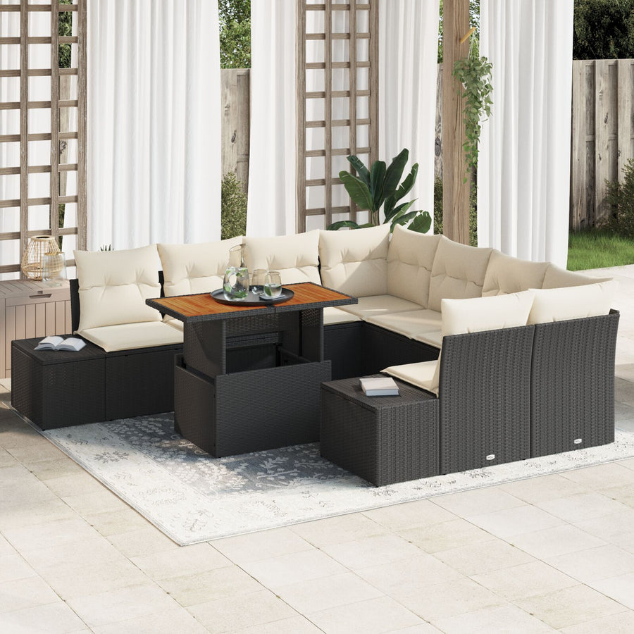 9-Delige Tuinsalonset Met Kussens Zwarte Poly Rattan