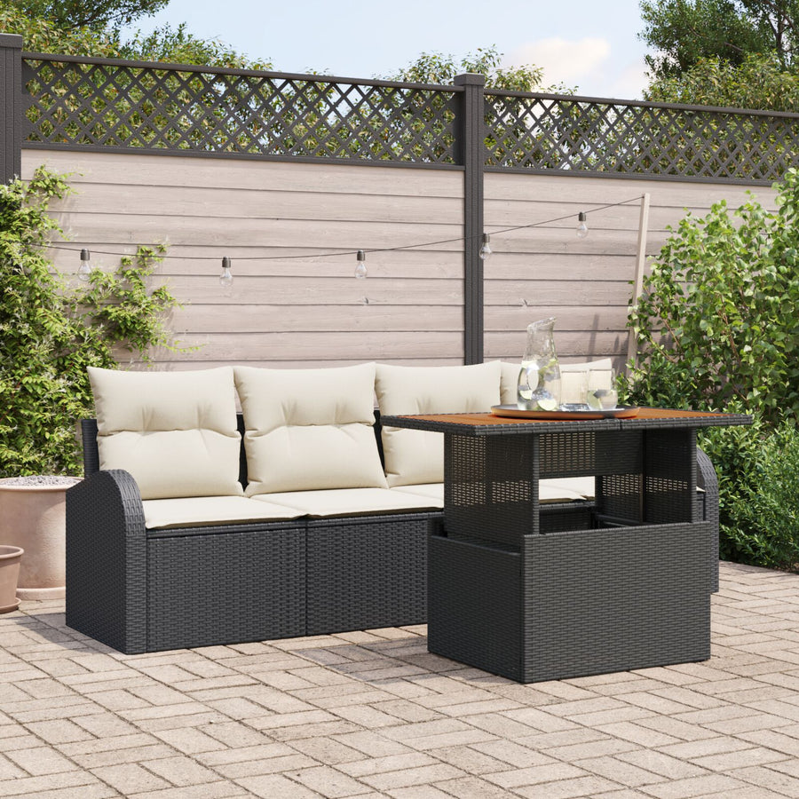 5-Delige Eettafel Set Met Kussens Zwart Poly Rattan Acacia