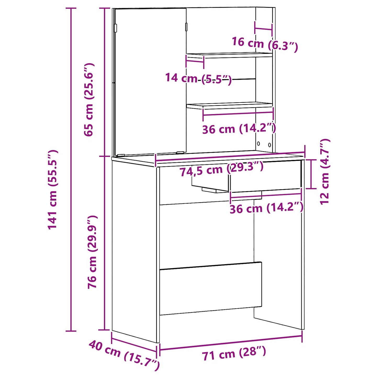 Zwart Eiken Hektafel Met Spiegel - 74,5 X 40 X 141 Cm
