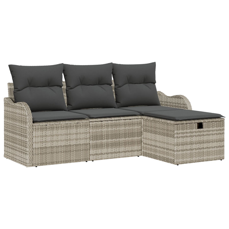 4-Delige Tuinbank Set Met Kussens In Lichtgrijs Poly Rattan, 2-Zits Tuinbank Met Opbergruimte & Kussens In Lichtgrijs Poly Rattan Wit