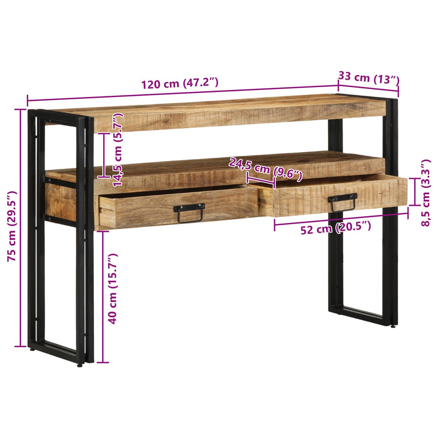 Eettafels Zwart Massief Mango Hout En Metaal 120 x 33 x 75 cm Massief ruw mangohout