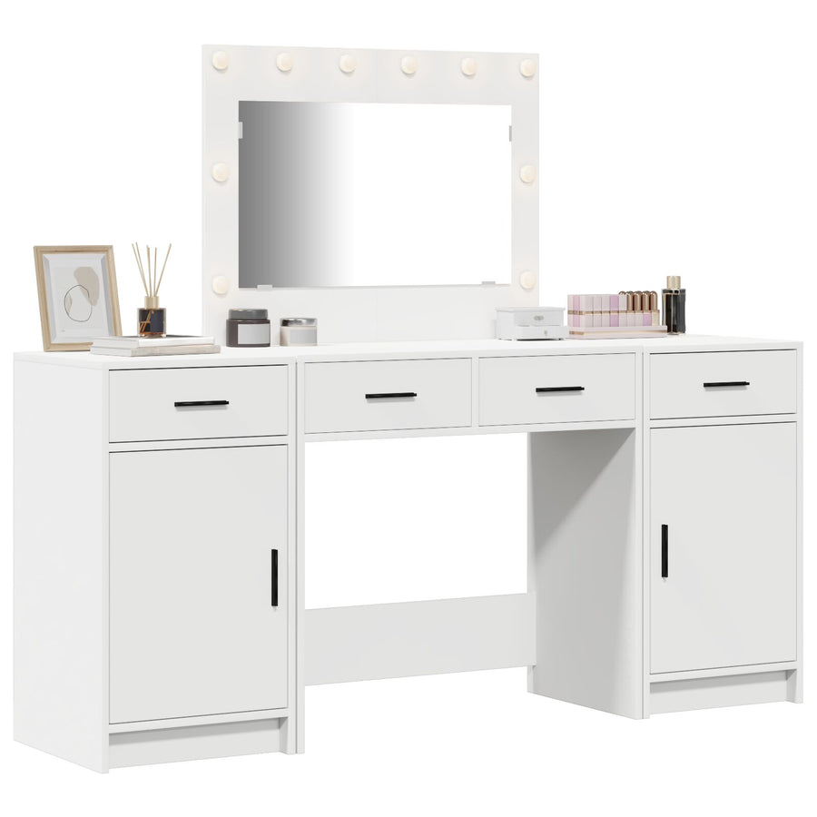 3-Delige Kaptafel Set Met Led, Wit Bewerkt Hout
