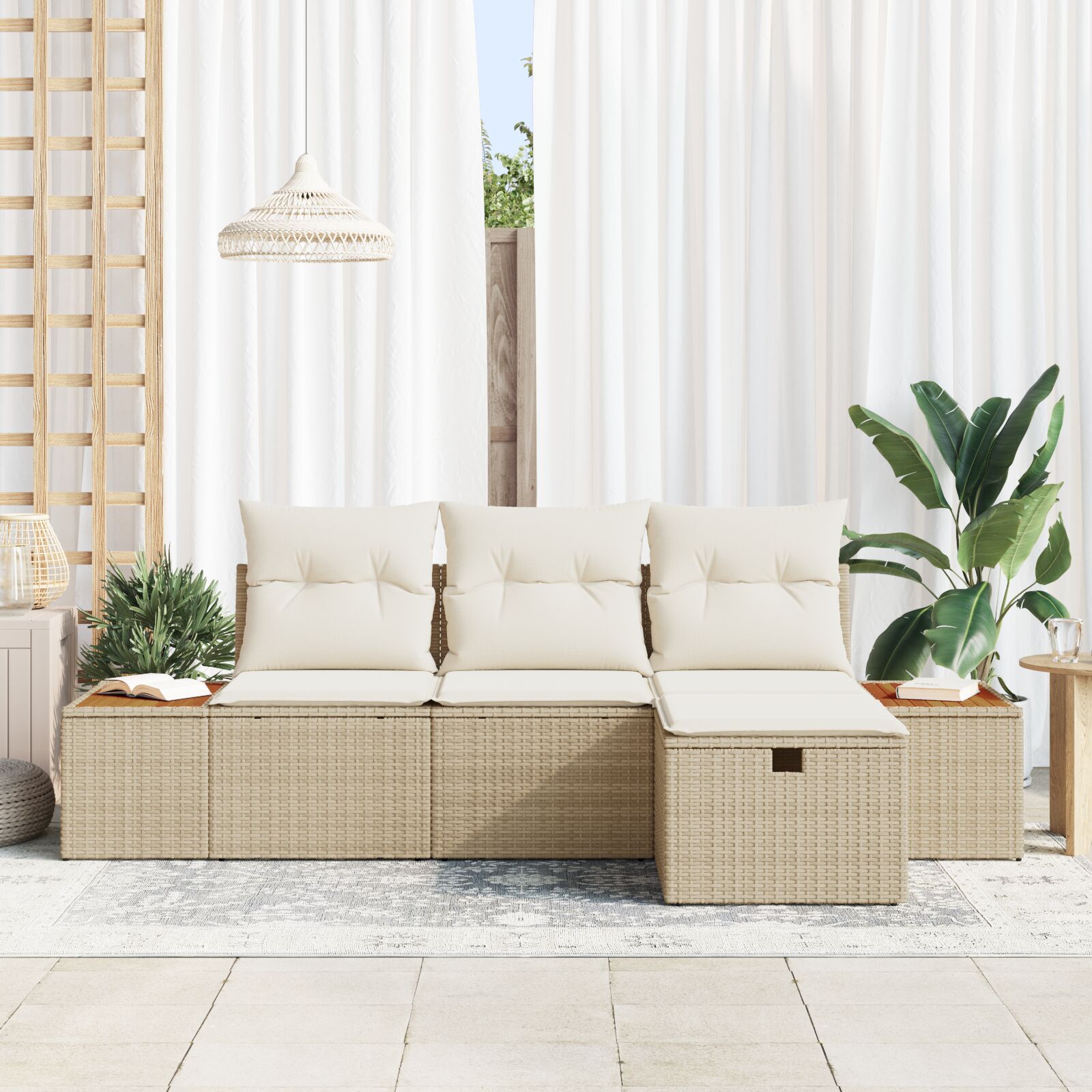 4 Delige Tuin Sofa Set Met Kussens Beige Poly Rattan