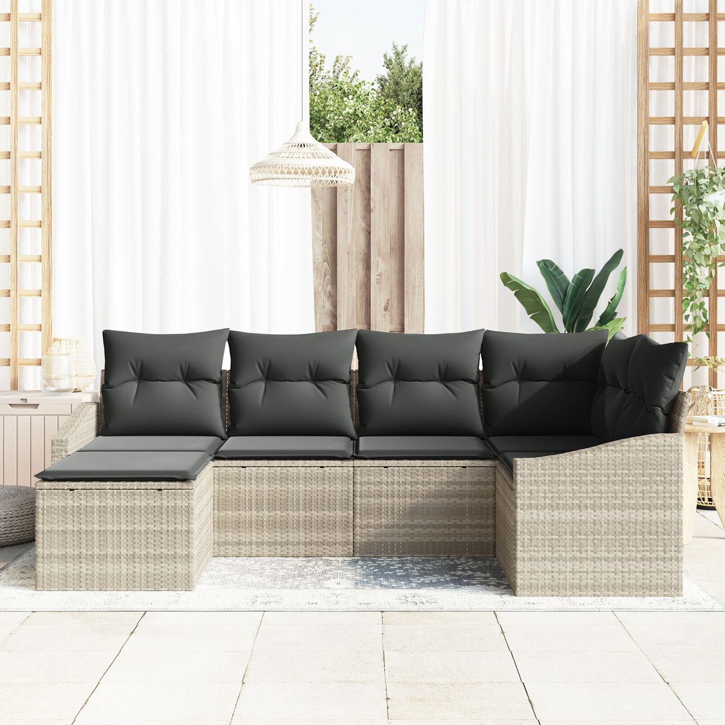 6-Delige Tuin Sofa Set Met Kussens Licht Grijs Poly Rattan