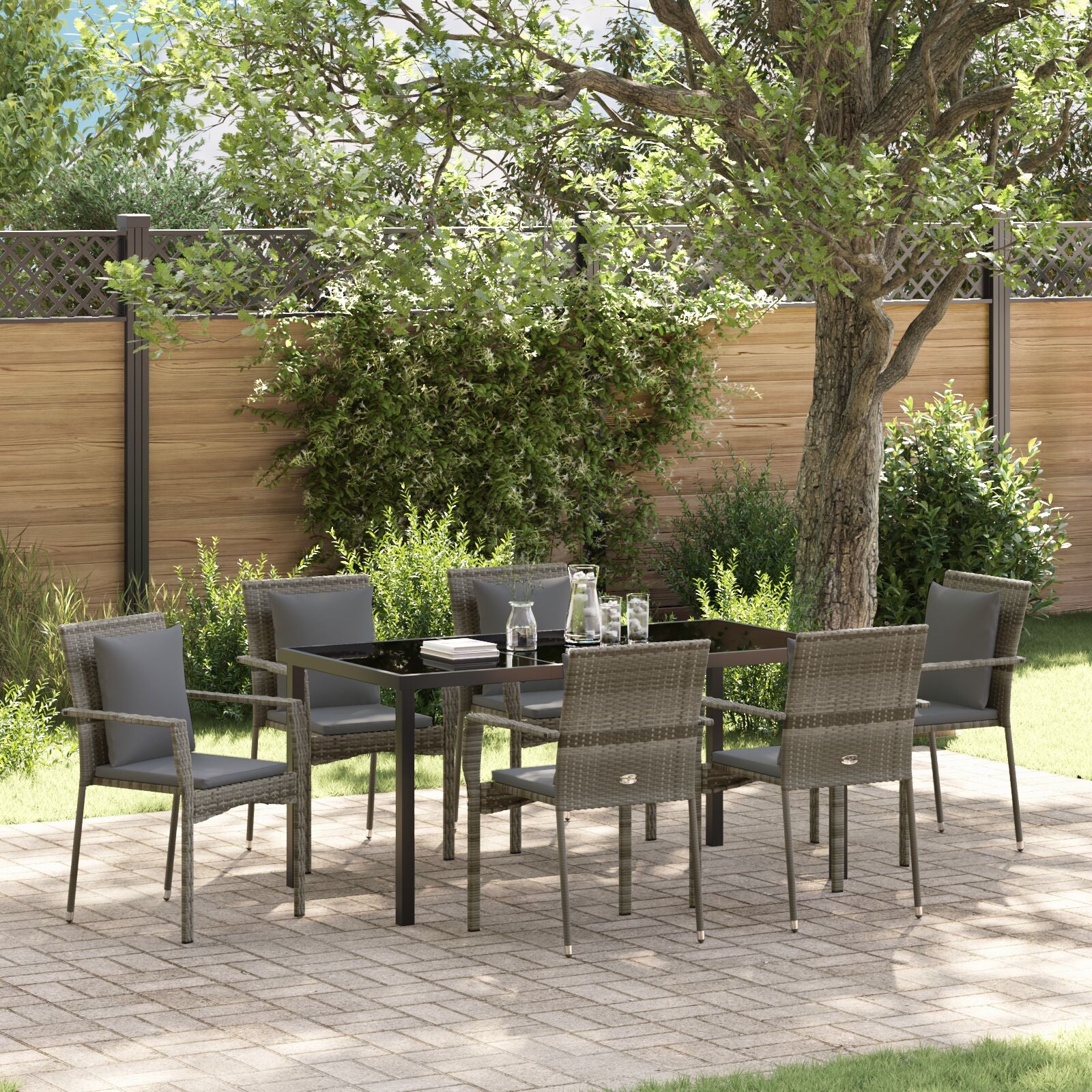 7-Delige Tuin Dining Set Met Kussens Grijs Poly Rattan