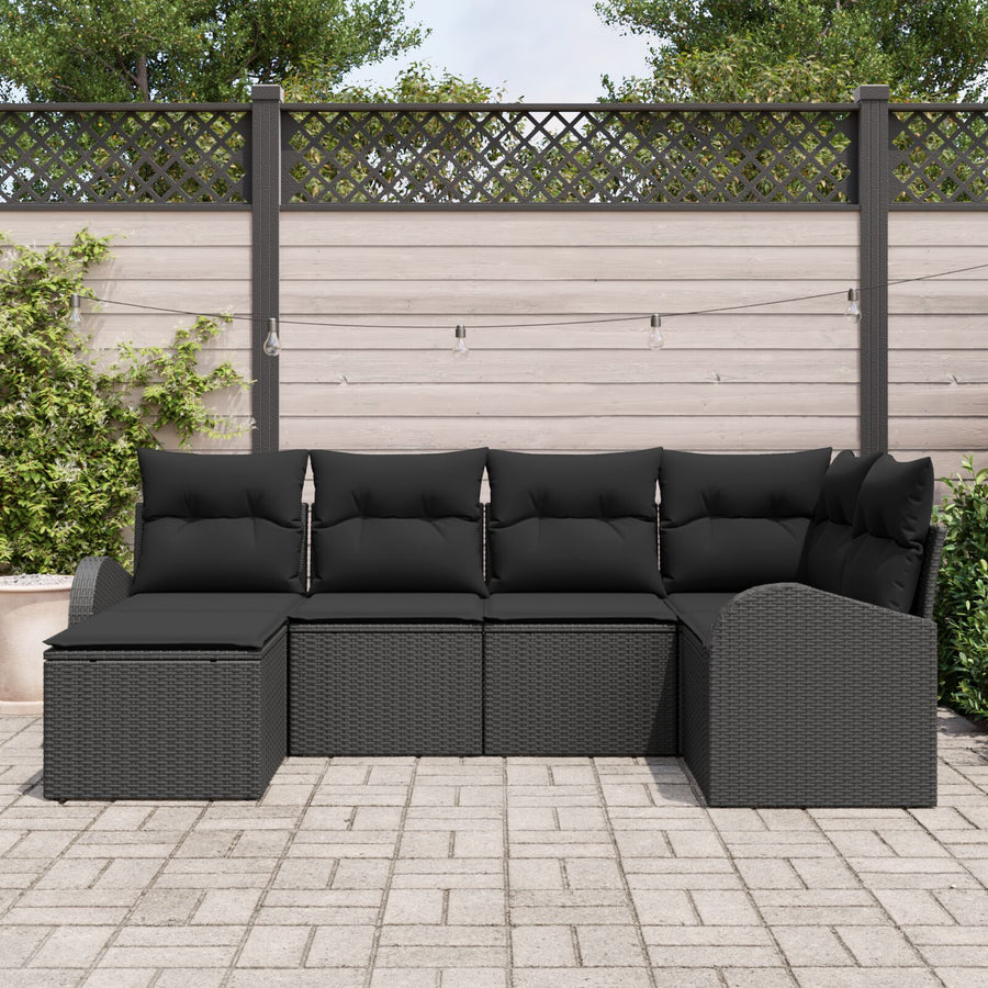 6-Delige Tuin Sofaset Met Kussens Zwart Poly Rattan