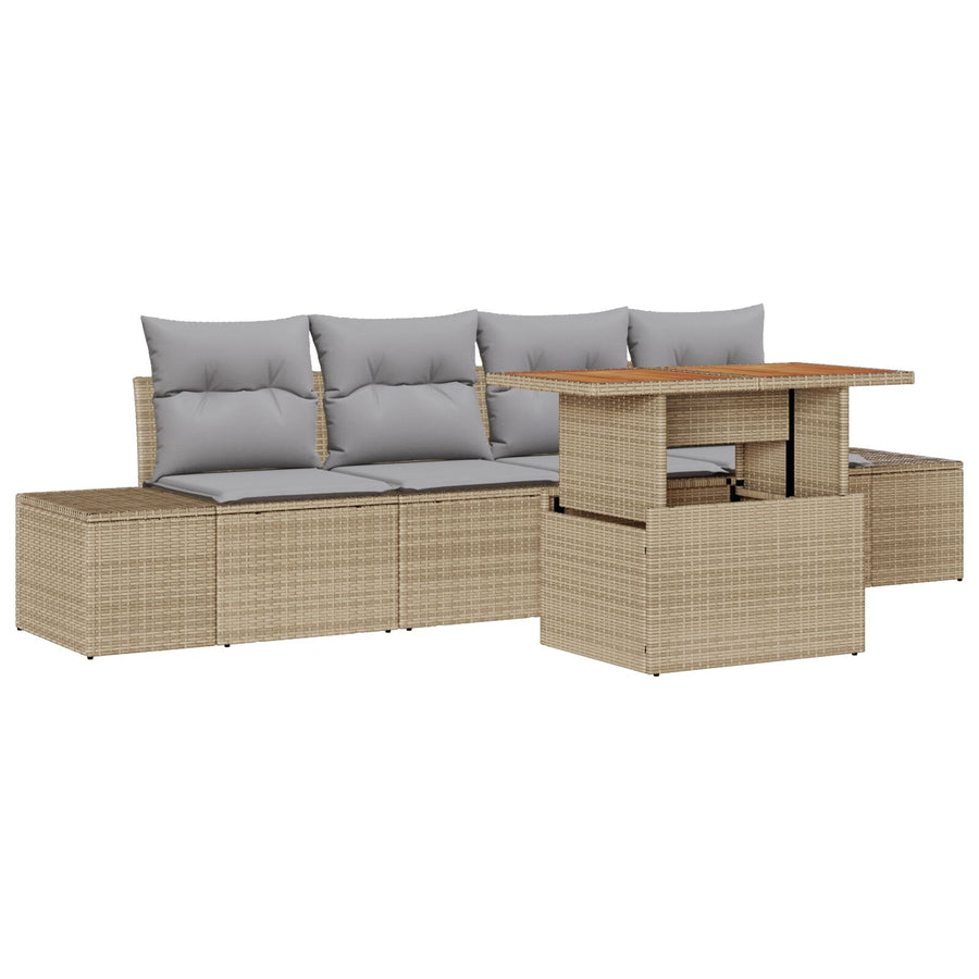 Tuin Sofa Set Set Van 5 Beige Rattan Tuin Eetset Rechthoekig