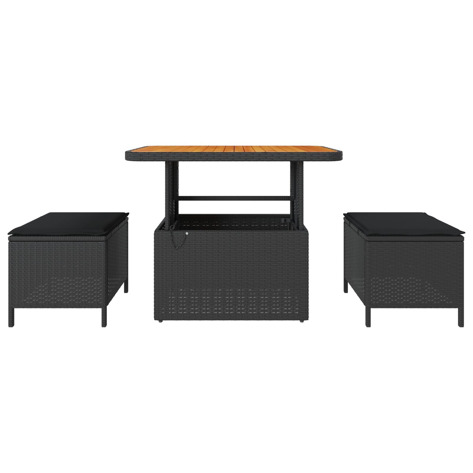 3-Delige Tuin Dineerset Met Kussens Poly Rattan Acaciahout 90 cm Zwart 2 stools