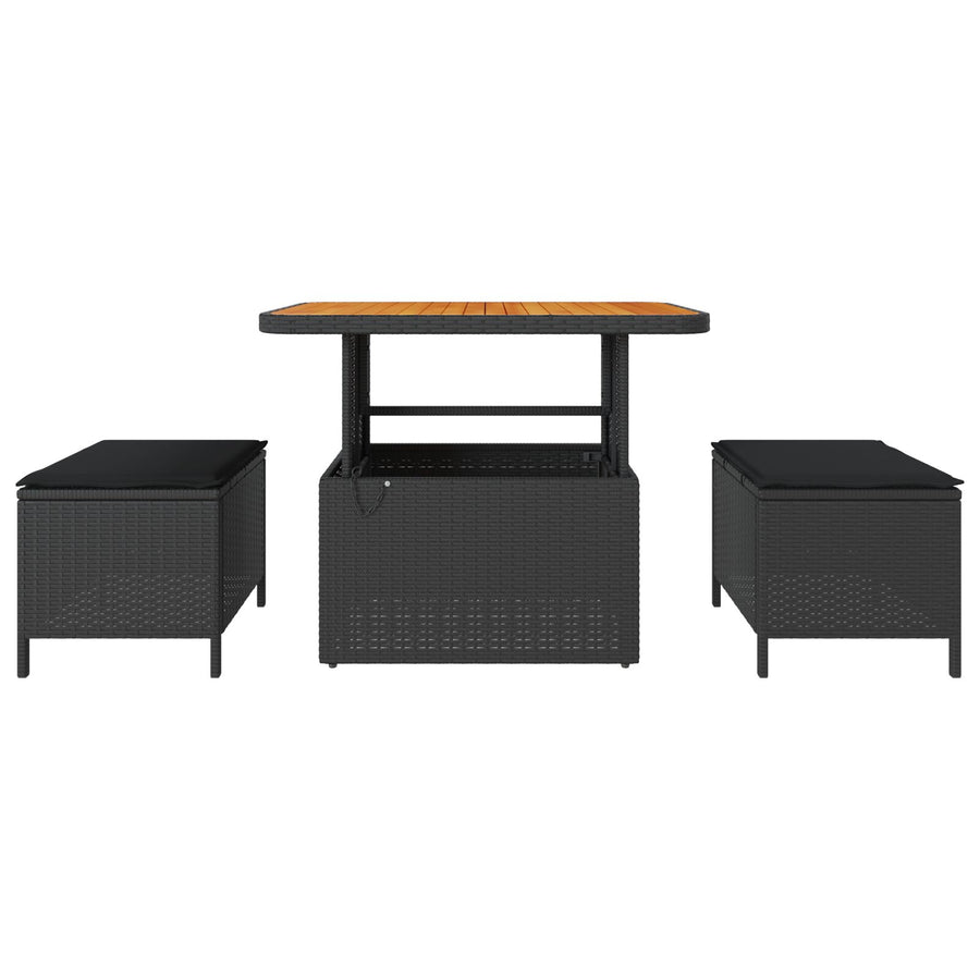 3-Delige Tuin Dineerset Met Kussens Poly Rattan Acaciahout 90 cm Zwart 2 stools