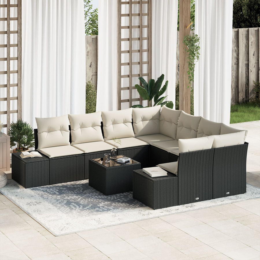 9-Delige Tuinbankset Met Kussens Zwart Poly Rattan