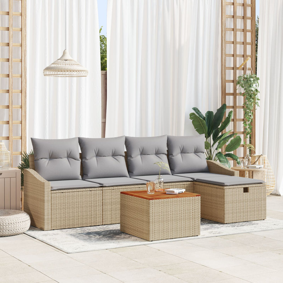 6-Delige Tuinbankenset Met Kussens Beige Poly Rattan
