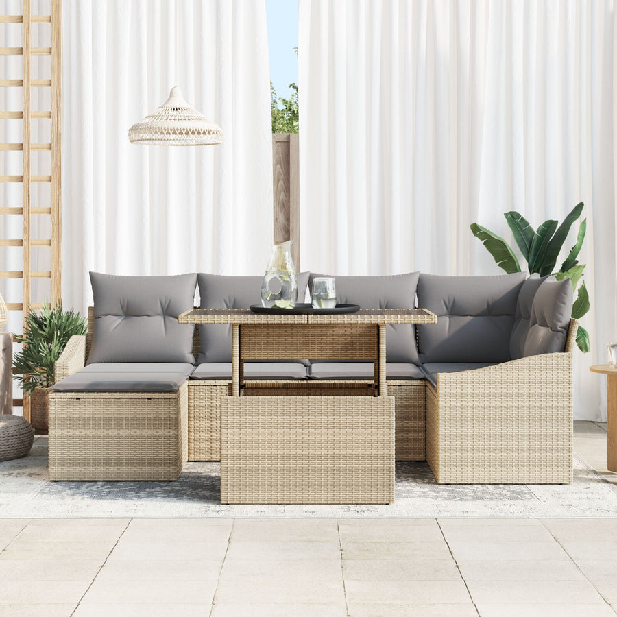 7-Delige Tuinsofa Set Met Kussens Beige Poly Rattan