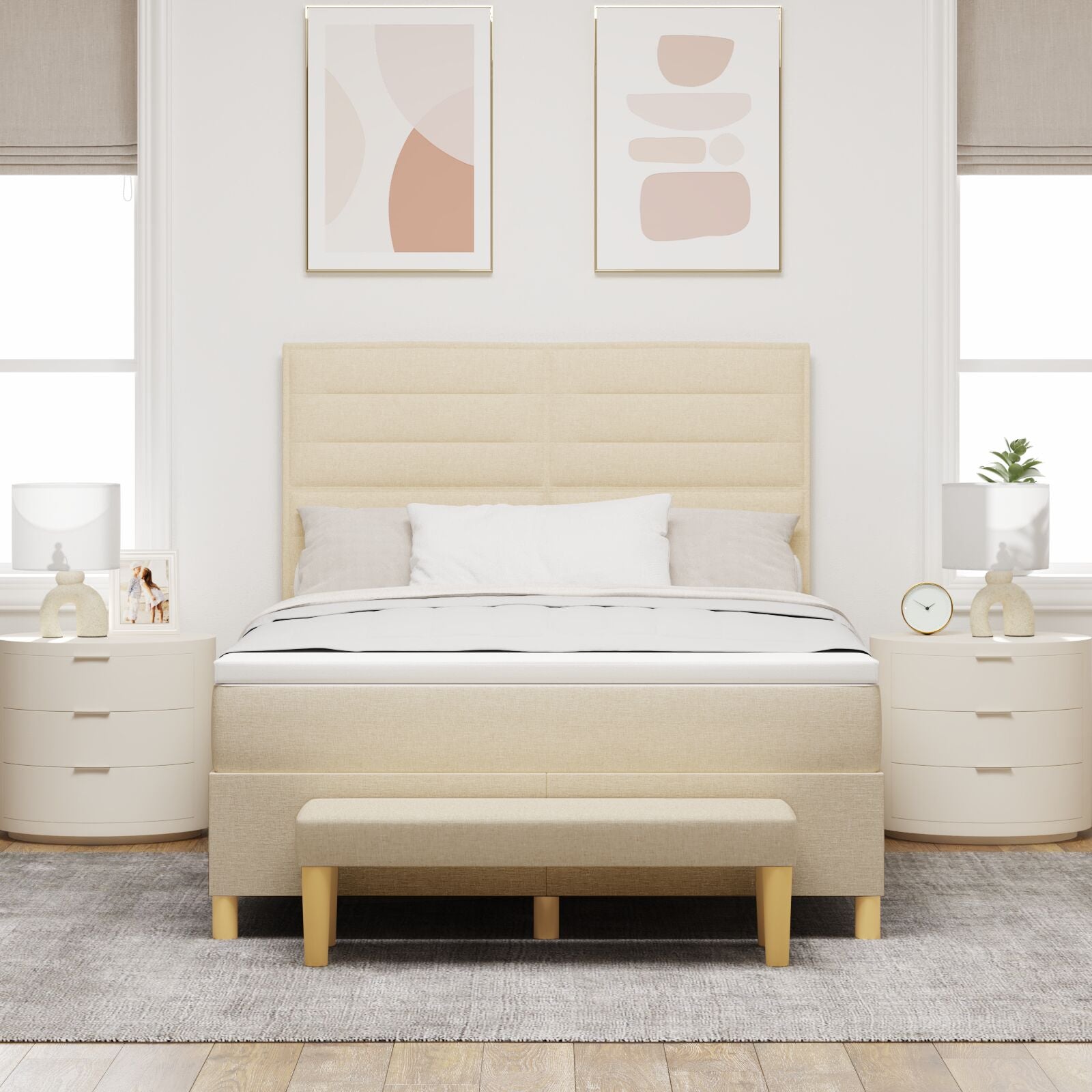 Boxspringbed Met Matras En Bank Stof Crème 140 x 200 cm Lijnen ontwerp