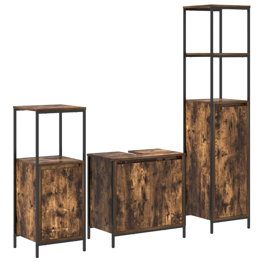 3-Delige Badkamermeubelset In - Gegutereerd Hout Gerookt eiken Basin kast + 2x badkamerkast