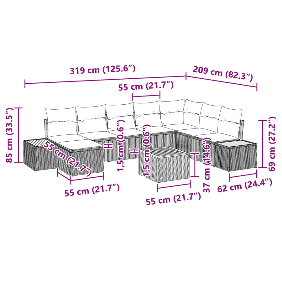 9-Delige Tuin Sofa Set Met Kussens Beige Poly Rattan Acacia