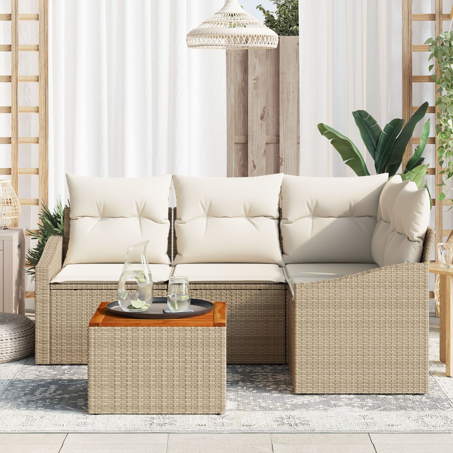 5-Delige Tuinbank Set Met Kussens Beige Poly Rattan Acacia