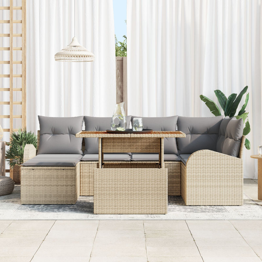7-Delige Tuindining Set Met Kussens Beige Poly Rattan Acacia