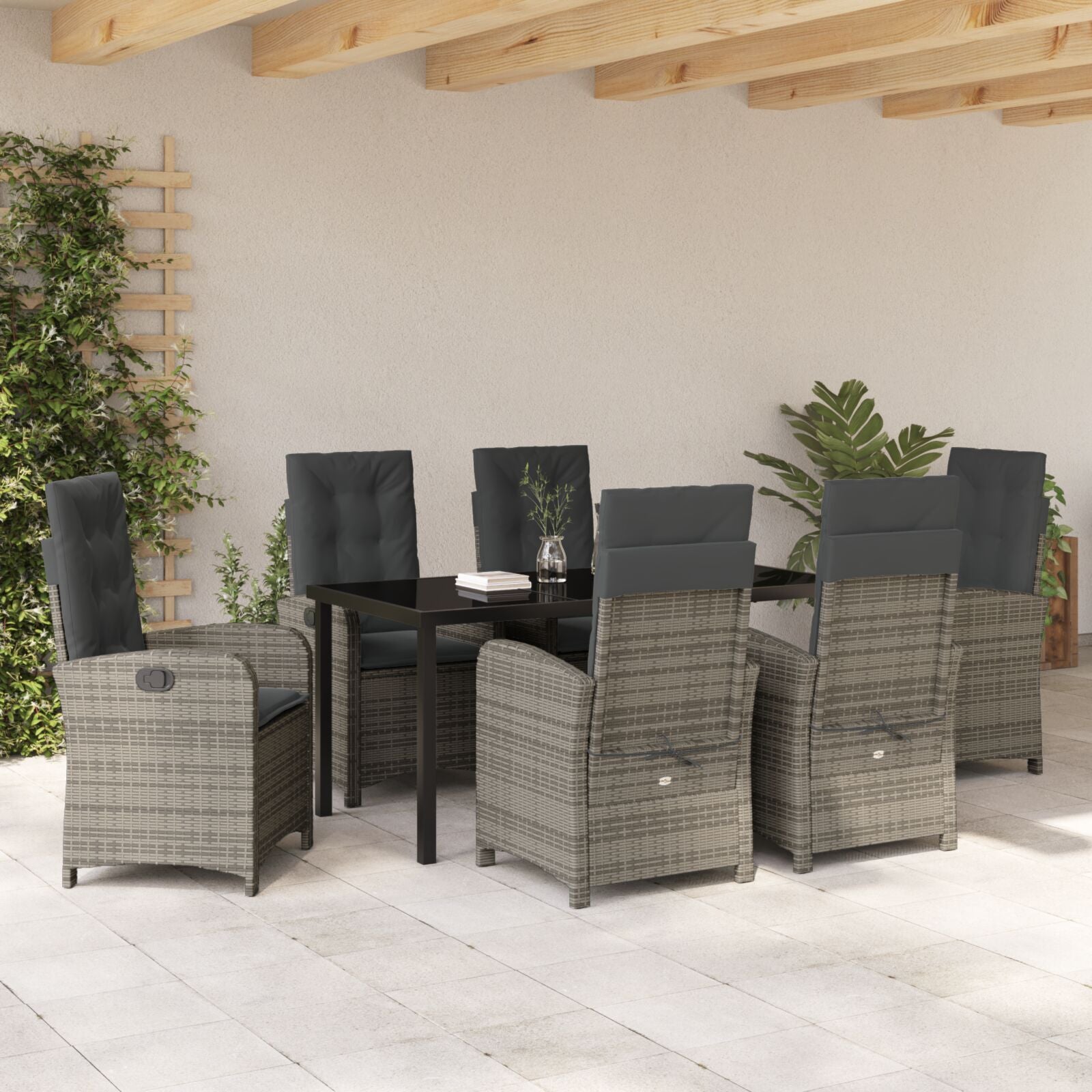7-Delige Tuin Eetset Met Kussens Grijs Poly Riet