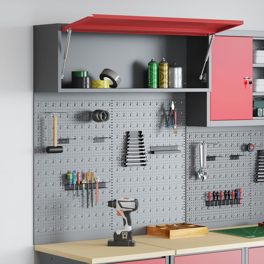 3-Delige Gereedschapskast En Pegboard Set Wandmontage Rode Metaal
