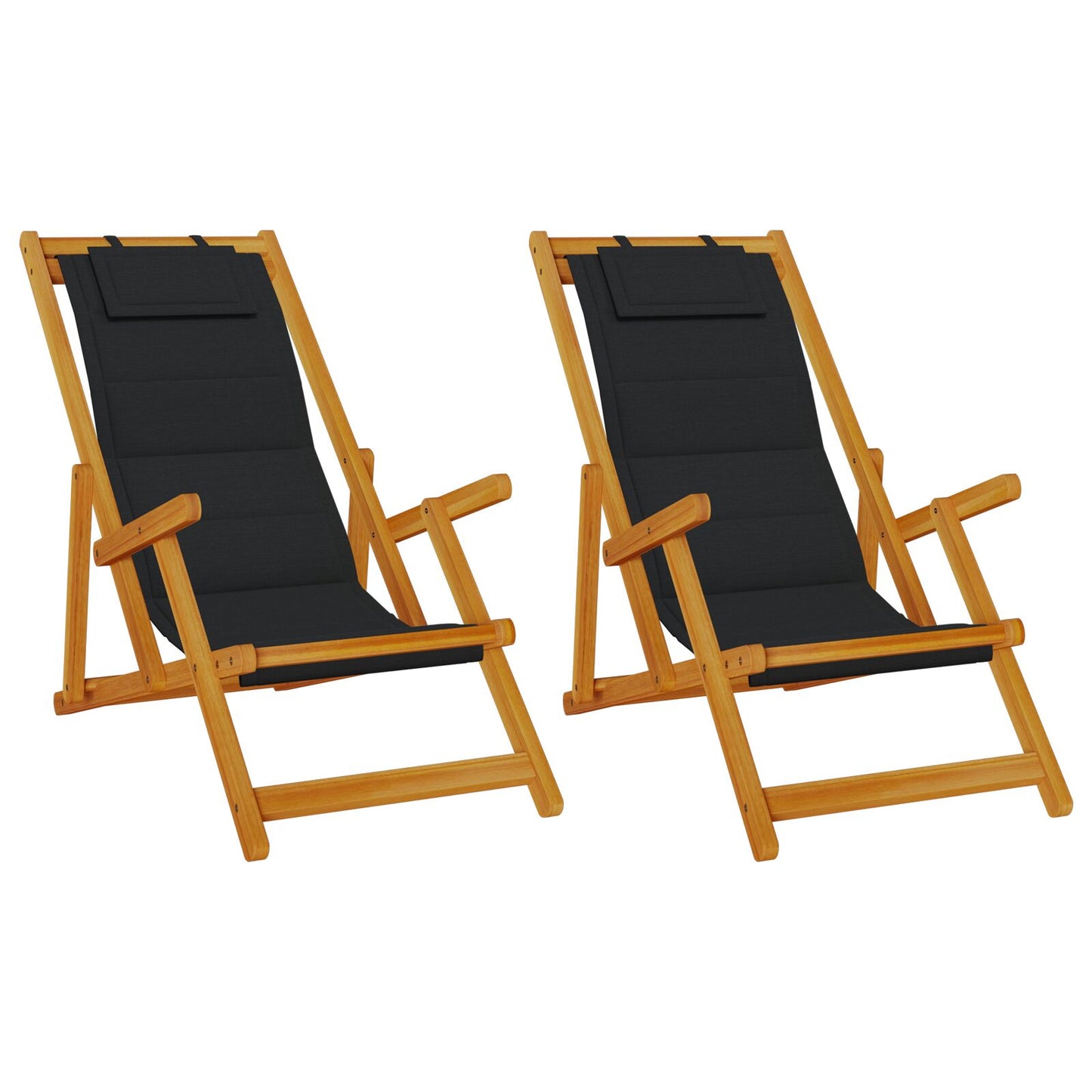 Inklapbare Strandstoelen 2 Stuks Massief Acaciahout & Textileen Zwart