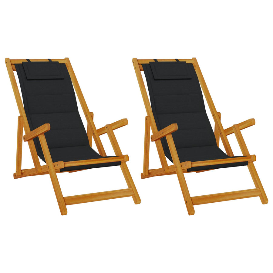 Inklapbare Strandstoelen 2 Stuks Massief Acaciahout & Textileen Zwart