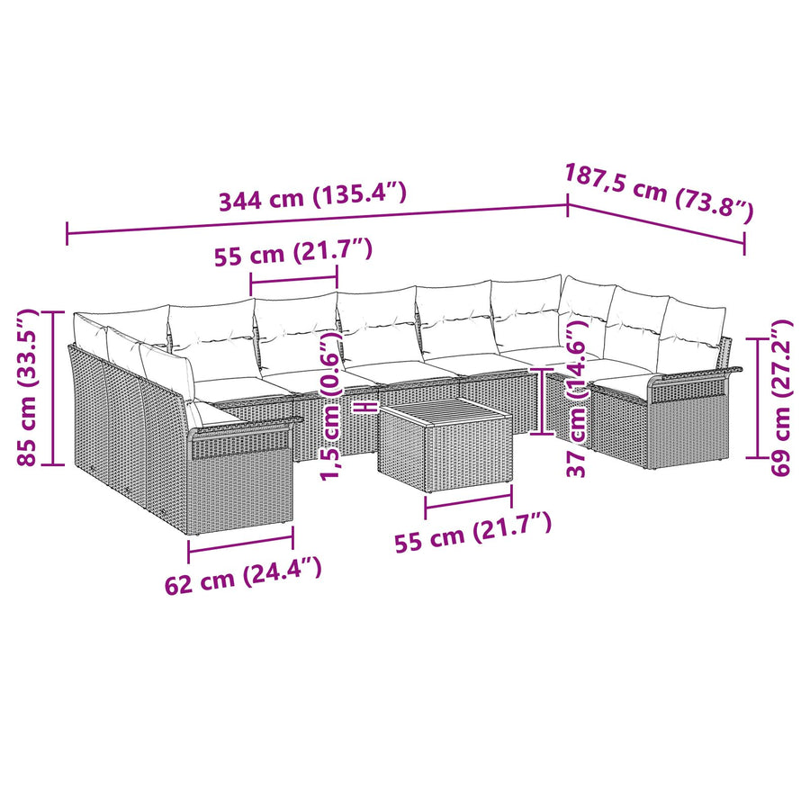 11-Delige Tuinbankset Met Kussens Zwart Poly Rattan Acacia