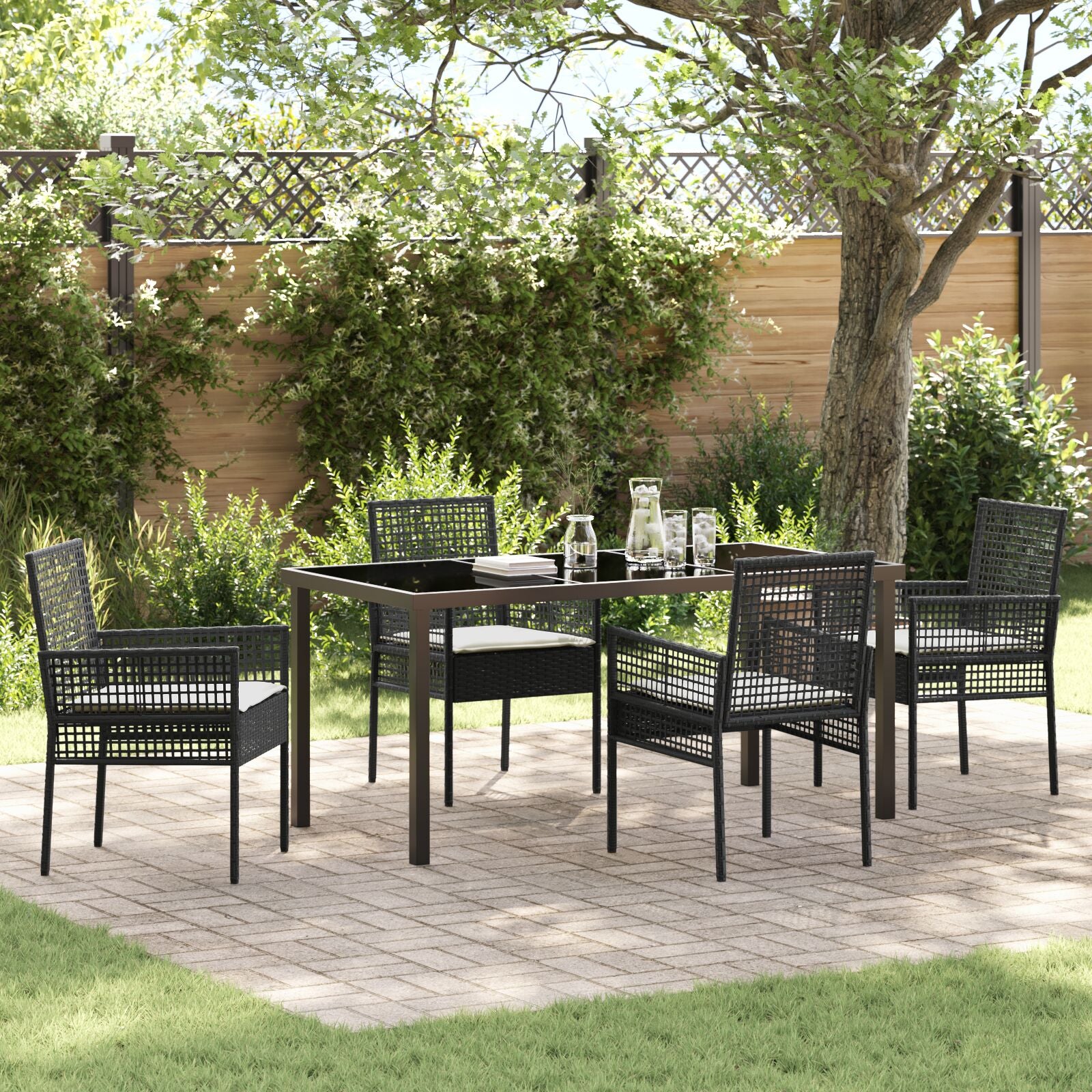5-Delige Tuin Eettafel Set Met Kussens Zwarte Poly Rattan