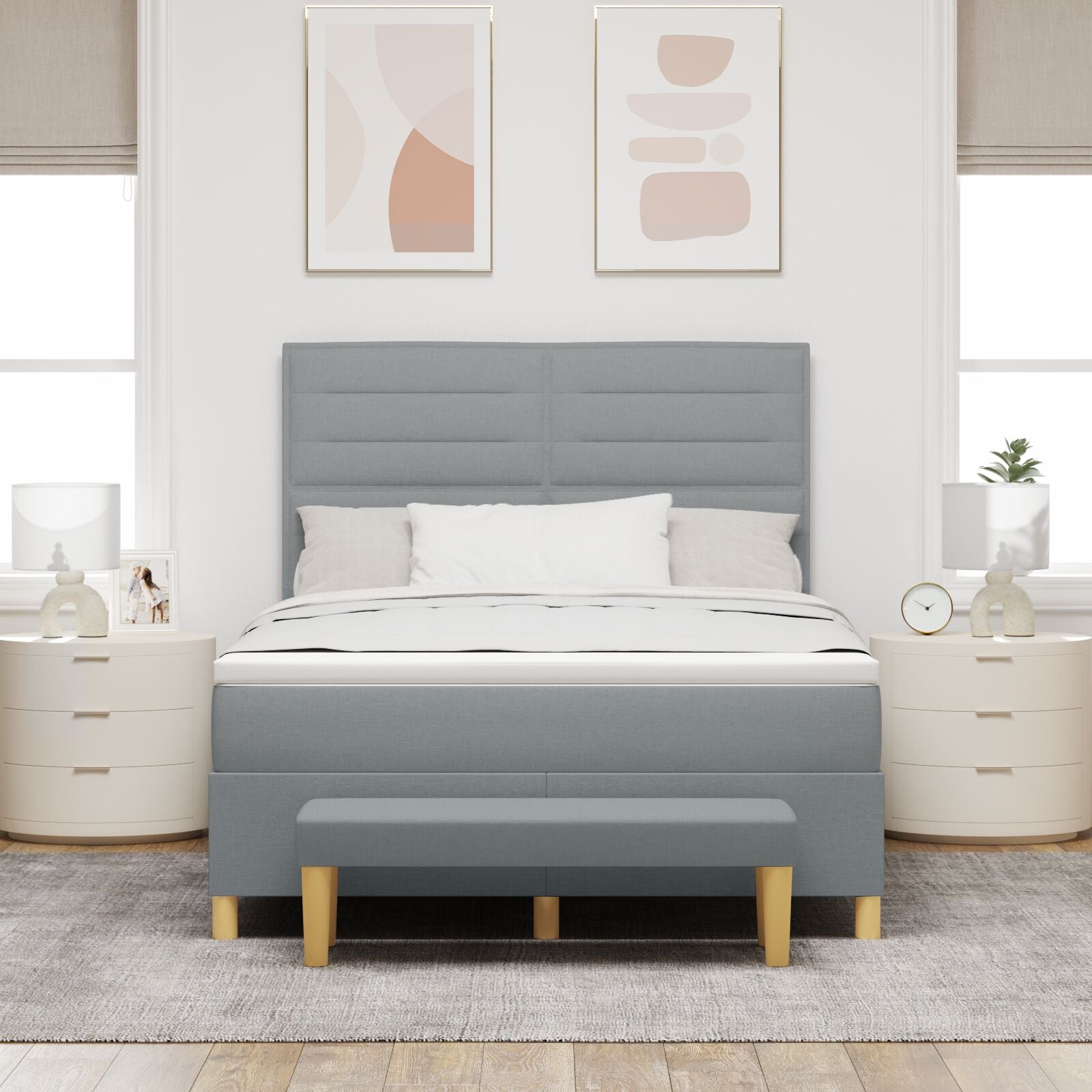 Boxspringbed Met Matras & Bank Stof Lichtgrijs 140 x 190 cm Lijnen ontwerp