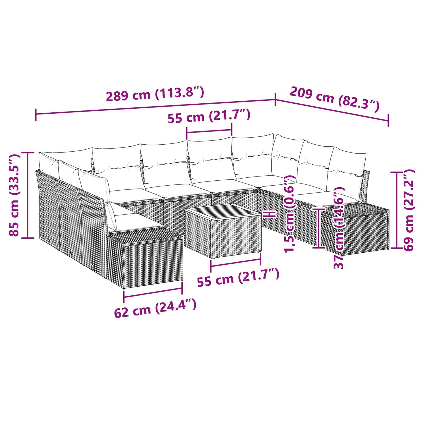 10-Delige Tuin Sofa Set Met Kussens Zwart Poly Rattan Acacia