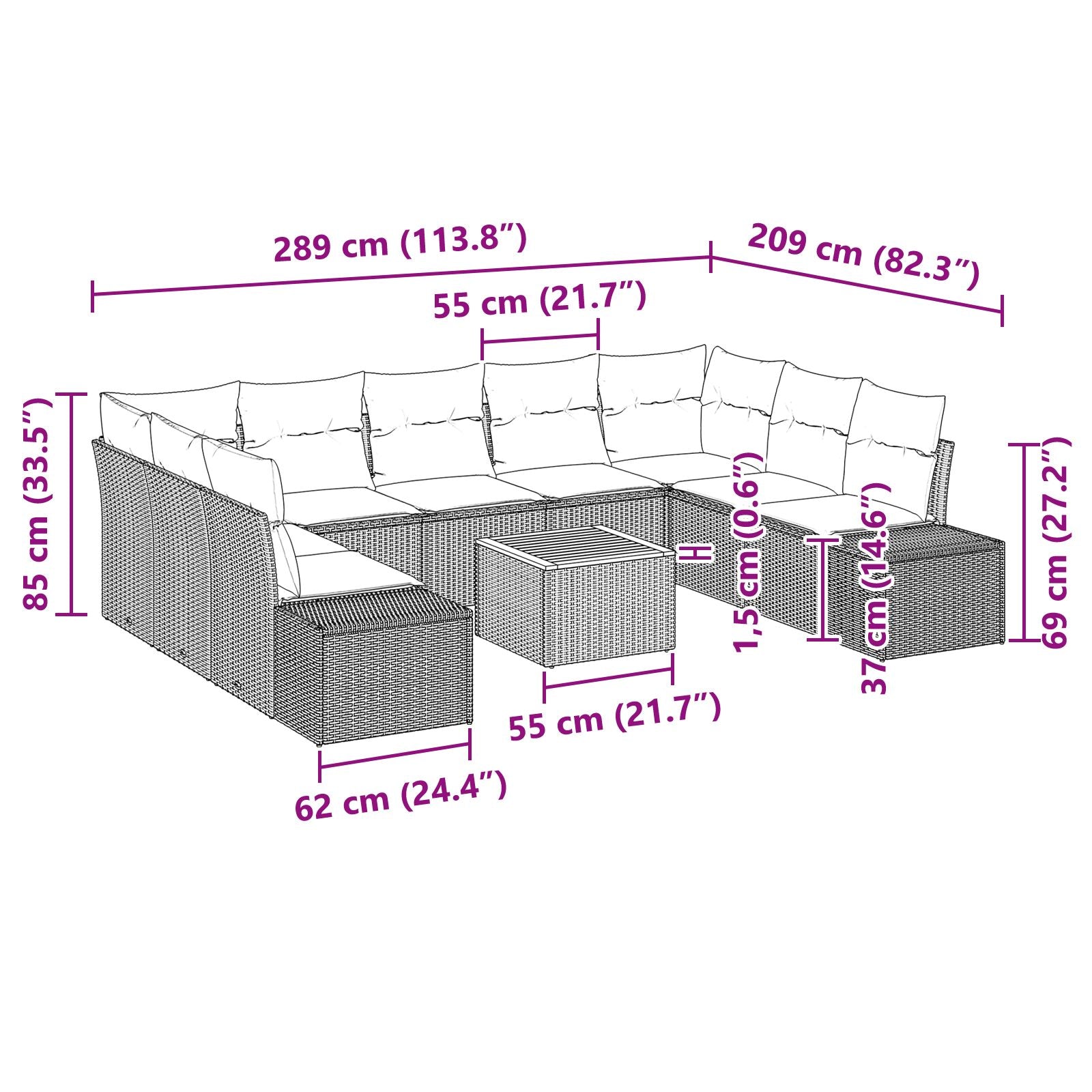 10-Delige Tuin Sofa Set Met Kussens Zwart Poly Rattan Acacia
