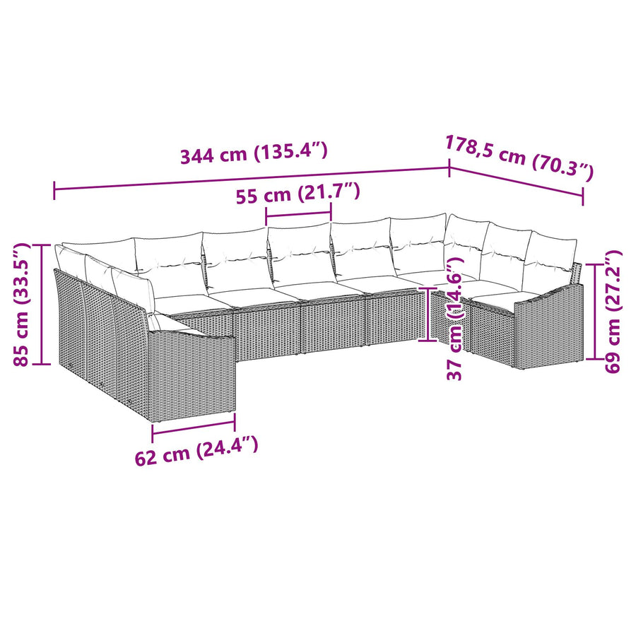 10-Delige Tuin Eettafel Set Met Kussens Poly Rattan Grijs zonder tafel