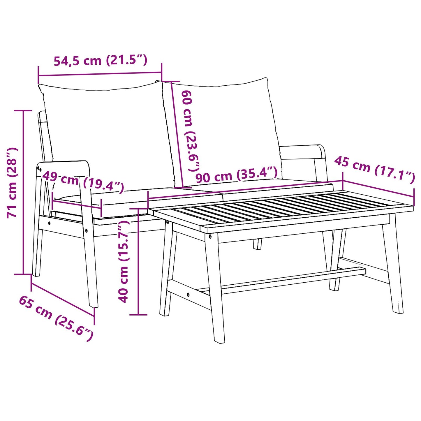 2-Delige Bistroset Met Kussens - Van Massief Acaciahout Anthraciet Tafel + bank